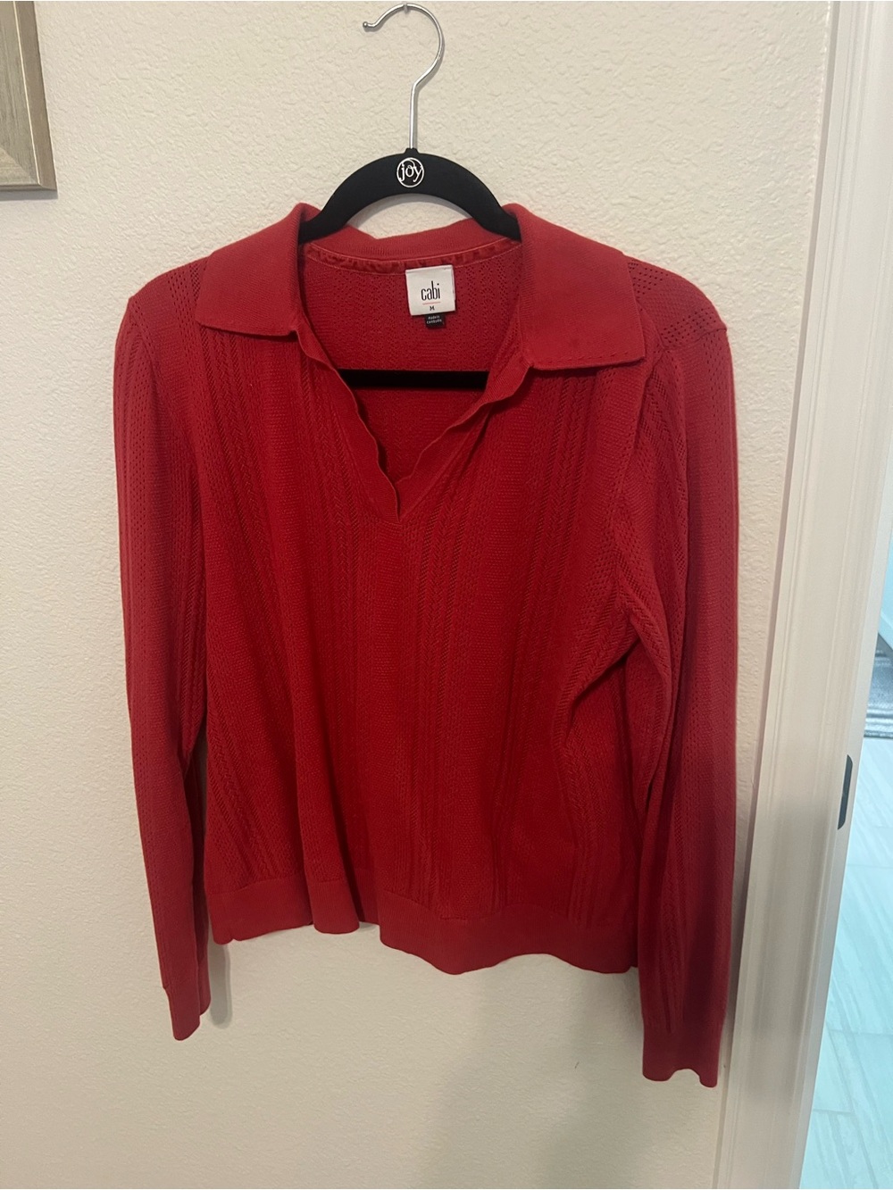 CAbi Vibrant Red Open-Knit V-Neck Polo Sweater